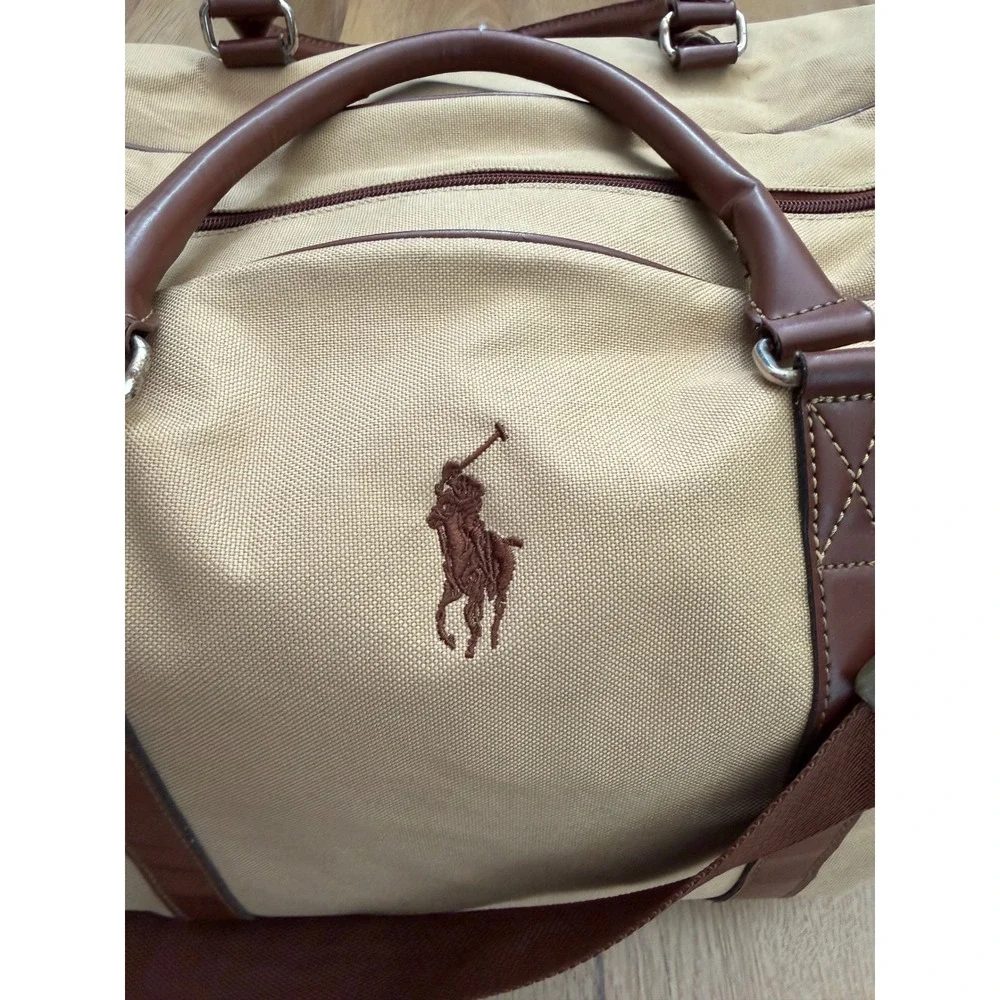 Polo Ralph Lauren Vintage Canvas Duffle Bag Tan Brown Leather Trim Weekender